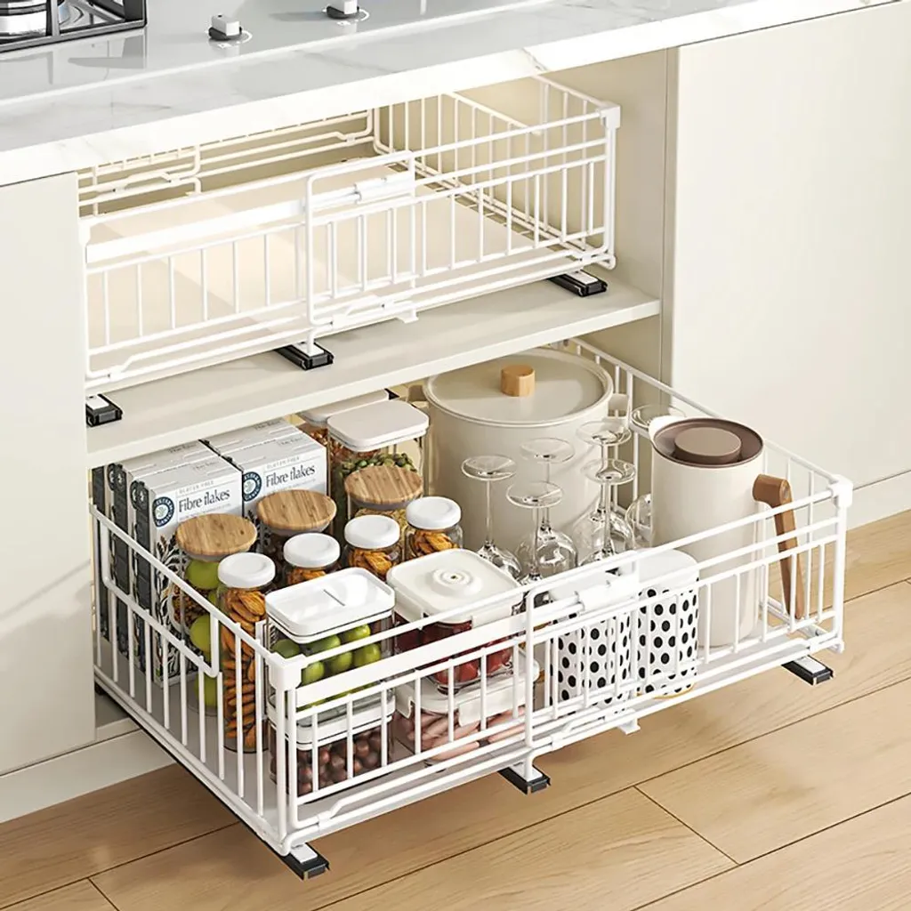 Organisateur placard cuisine avec panier coulissant métal blanc - Lot de 2