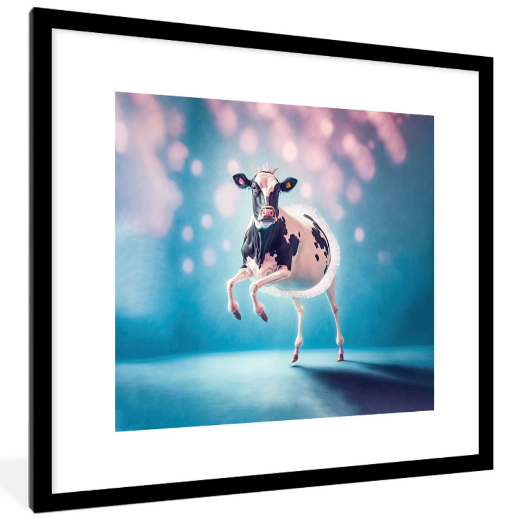 MuchoWow Gerahmtes Poster Kuh - Krone - Ballett - Blau - Rosa 40x40 cm - Poster mit Schwarzem Bilderrahmen Wandposter Rahmen Foto Bilder - Poster...