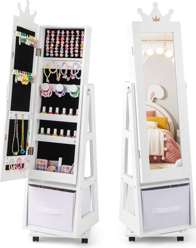 Armoire à bijoux enfant anti-encombrement avec miroir et roues stables