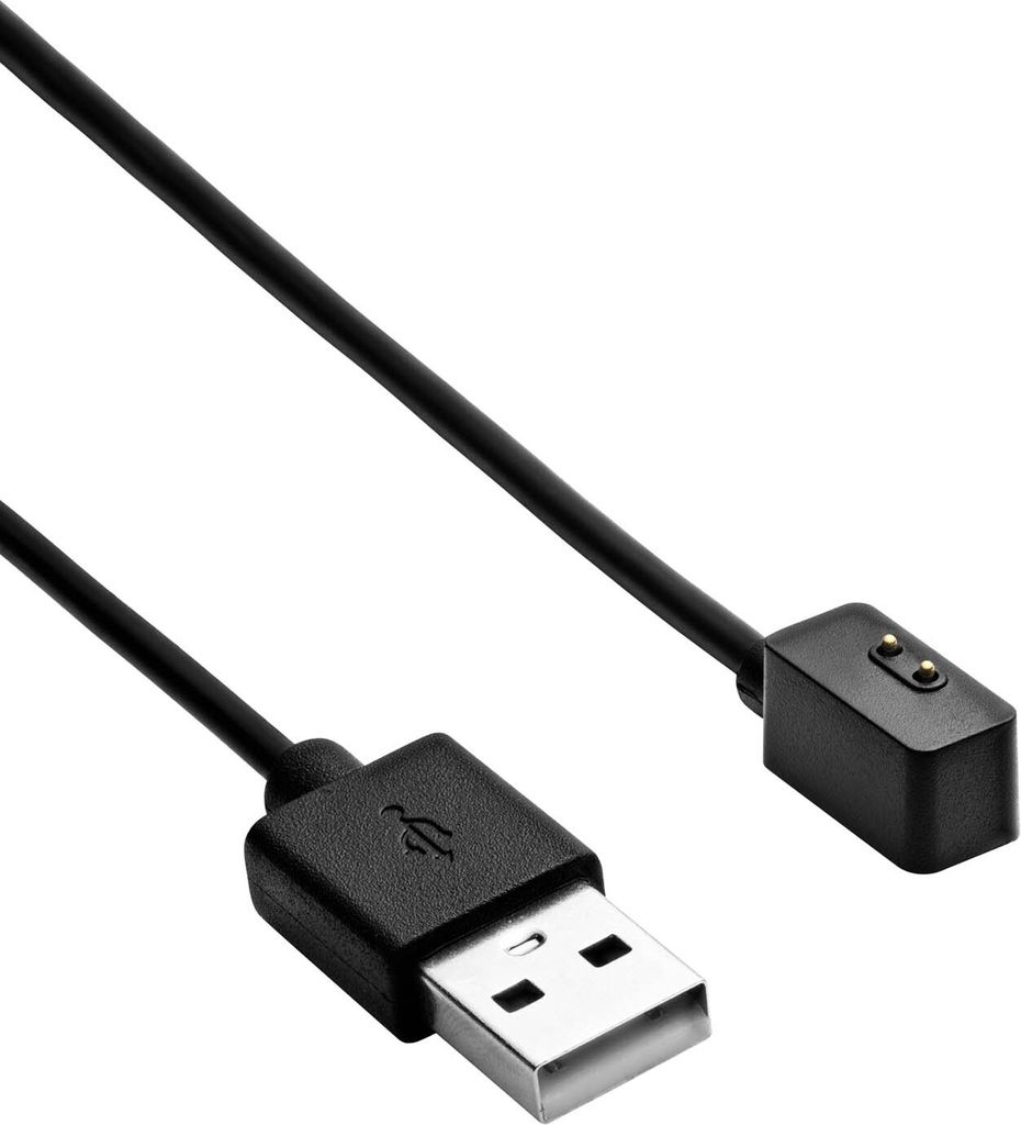 A black USB charging cable with a USB-A connector on one end and a magnetic charging connector on the other.