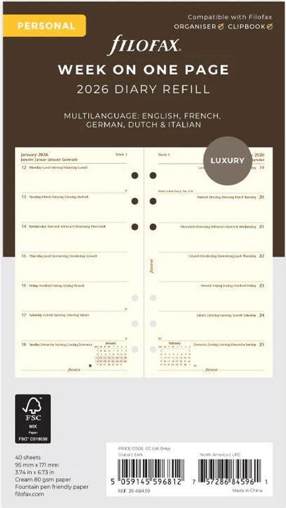 FILOFAX Kalendereinlage 2026 - Personal - 1 Woche = 1 Seite Produktbild 