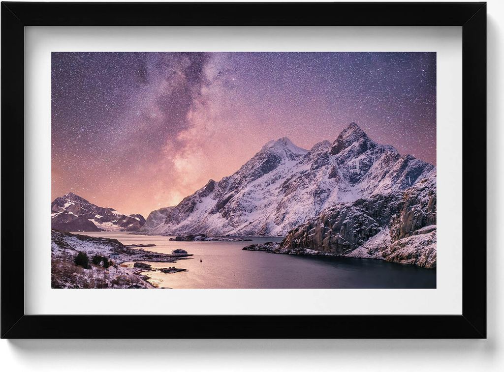 Aurora und Sternenhimmel über den Bergen– Wandbild mit Rahmen – Gerahmtes Bild – Wanddekoration – 30x20 cm – Schwarz Rahmen