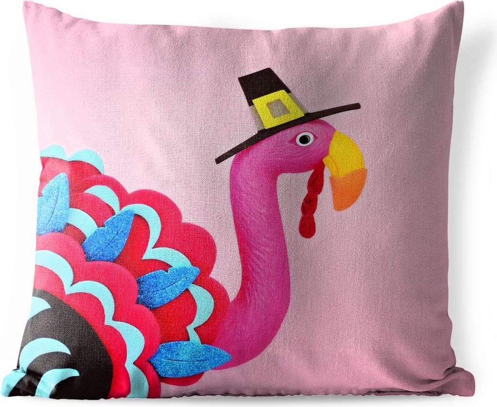 MuchoWow Outdoor Kissen - Flamingo im Truthahnkostüm - 50x50 cm - Wetterfest - Lounge Kissen - Komfortabel - Kissen mit Bild