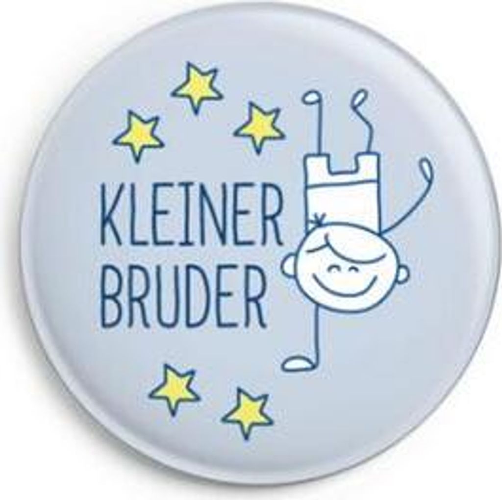 Button 'Kleiner Bruder' mit witzigem Comic-Junge und Stern, 32mm Durchmesser, Nadelverschluss