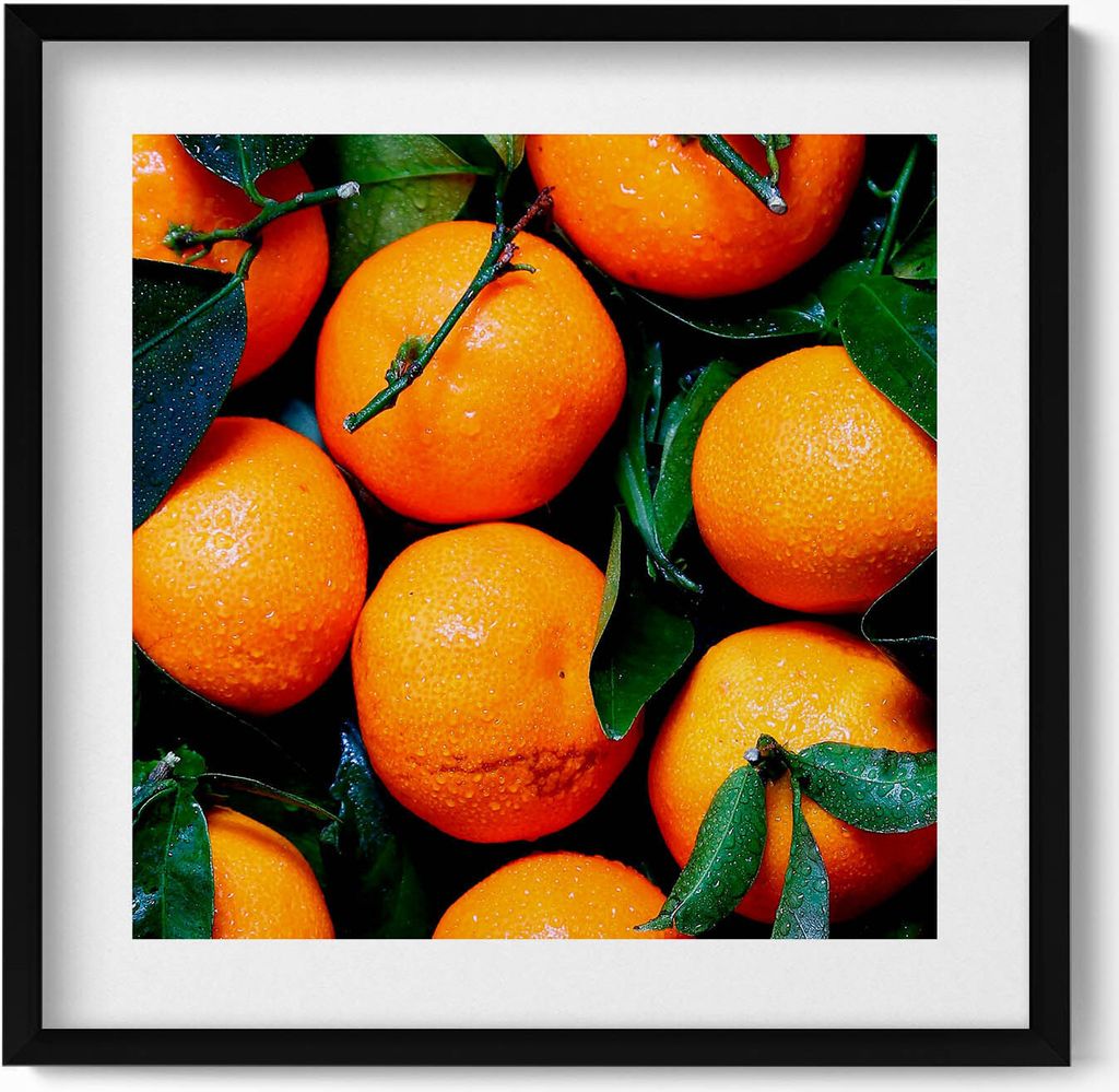 Saftige sizilianische Orangen– Wandbild mit Rahmen – Gerahmtes Bild – Wanddekoration – 50x50 cm – Schwarz Rahmen