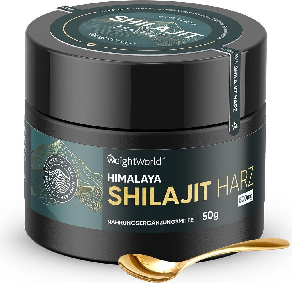 A black jar of Himalayan Shilajit Harz with a gold spoon in front of it, set against a white background.
