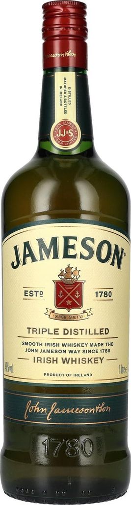 A bottle of Jameson Irish Whiskey against a white background.