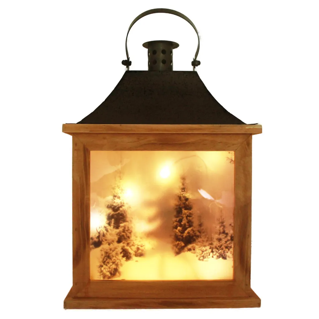 Lanterne lumineuse paysage d'hiver 30cm en bois brun avec éclairage LED - 5