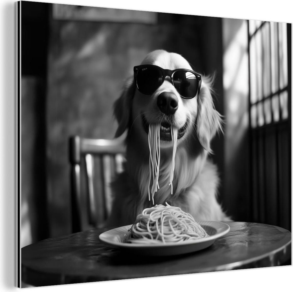 MuchoWow Wanddekoration Metall Metallbild Wandkunst 80x60 cm Golden Retriever - Hund - Fröhlich - Teller Spaghetti - Schwarz - Weiß MuchoWow Alum...