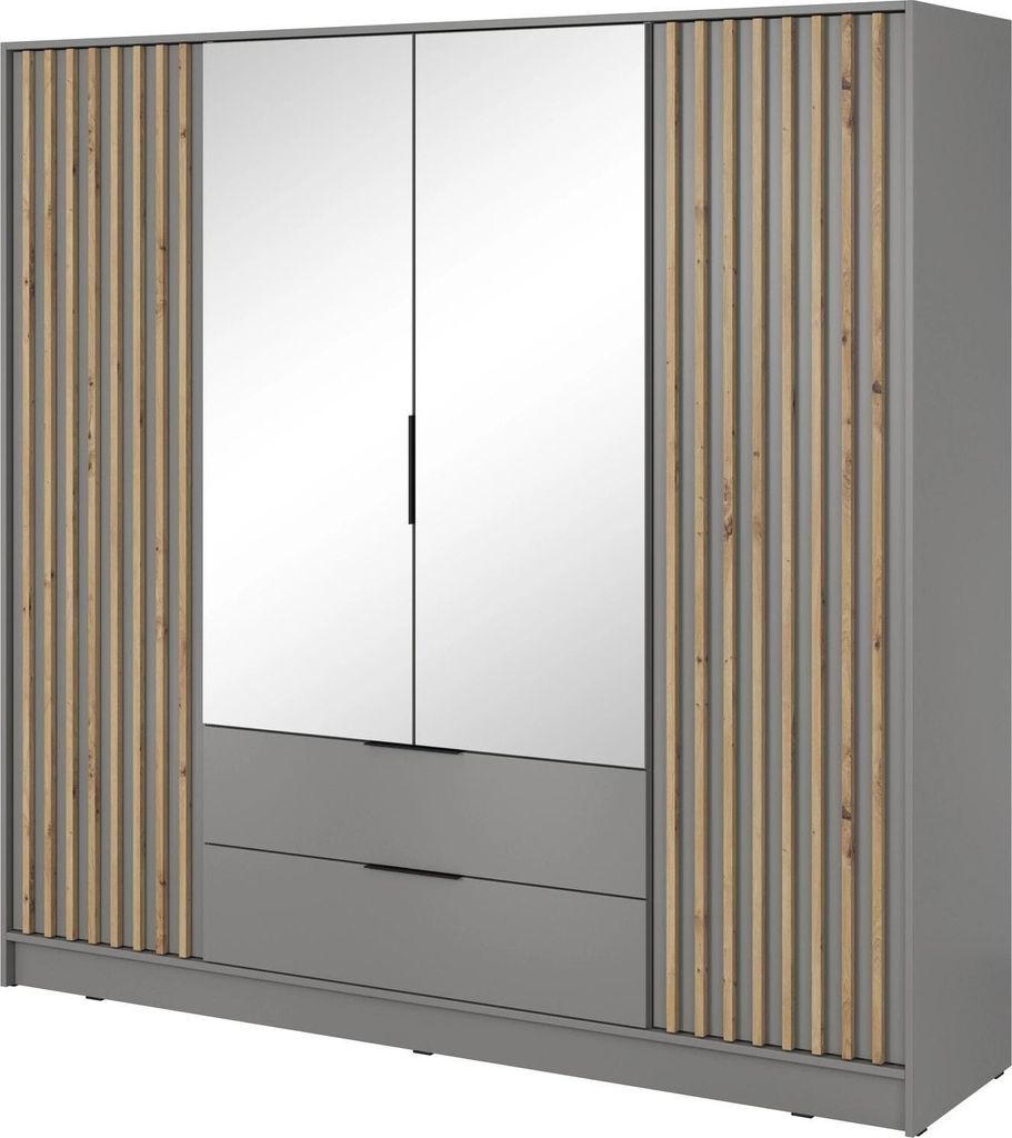 Kleiderschrank Stilo Grau Matt mit Spiegel & Lamellen – 206 cm, 4 Türen, 2 Schubladen, Universell