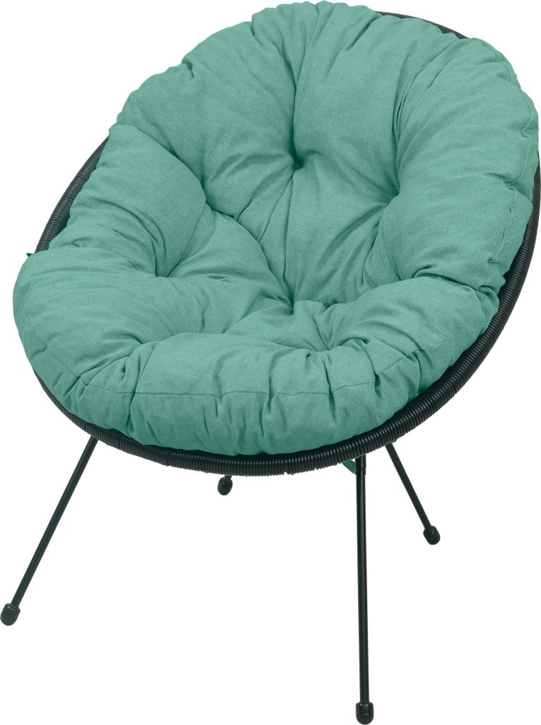 A green cushion on a black chair with black legs, isolated on a white background.