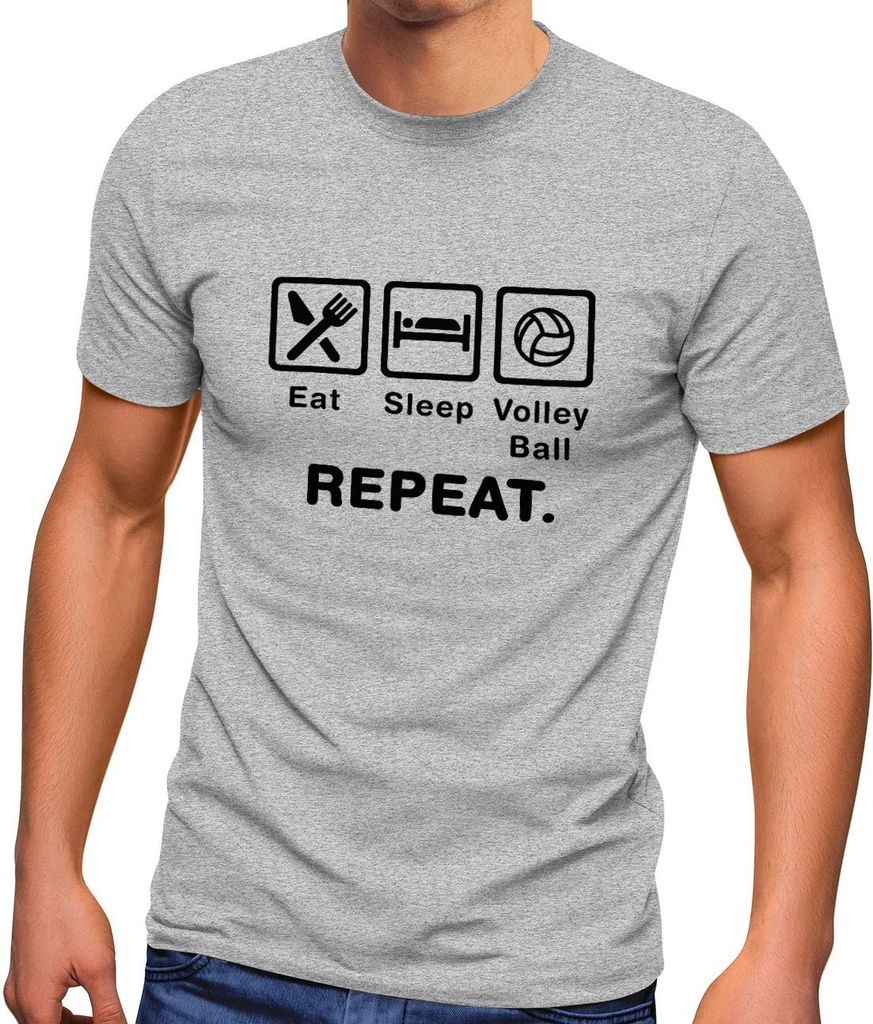 Herren T-Shirt mit Spruch Eat Sleep Repeat Mega Mix Fun-Shirt lustige Geschenke Moonworks Volleyball grau-meliert 4XL