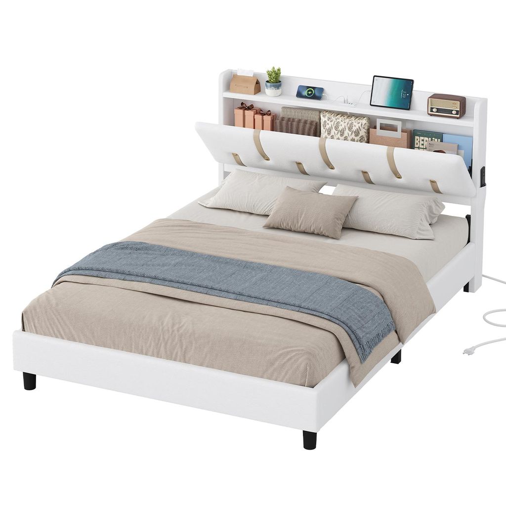 KIMENICH Bett, Polsterbett mit Stauraumkopfteil und Steckdosen, Bettrahmen mit Lattenrost, Gepolstertes Bettgestell, 140 X 190 cm, Polyurethan Weiß