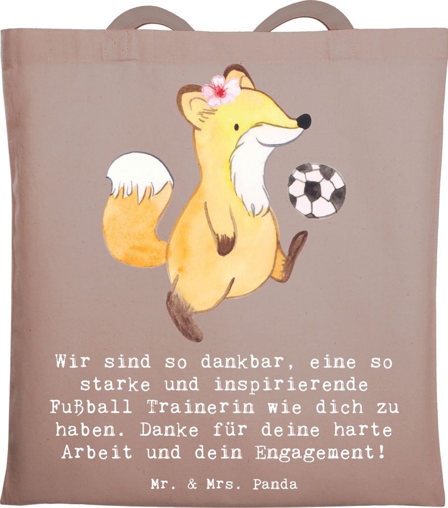 Mr. & Mrs. Panda Tote Bag Fußball Trainerin Dankbarkeit - Braun Pastell - Geschenk, Tasche, Danksagung, dokumententasche, Spiele, Teamgeist, Stoff...