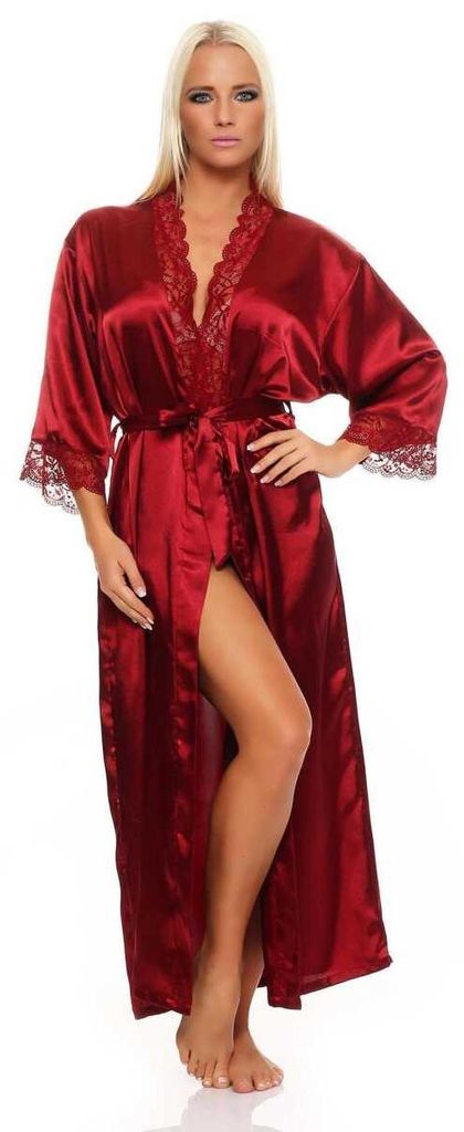 Damen langes Kimono Seidenrobe Morgenmantel; Dunkelrot S Produktbild 