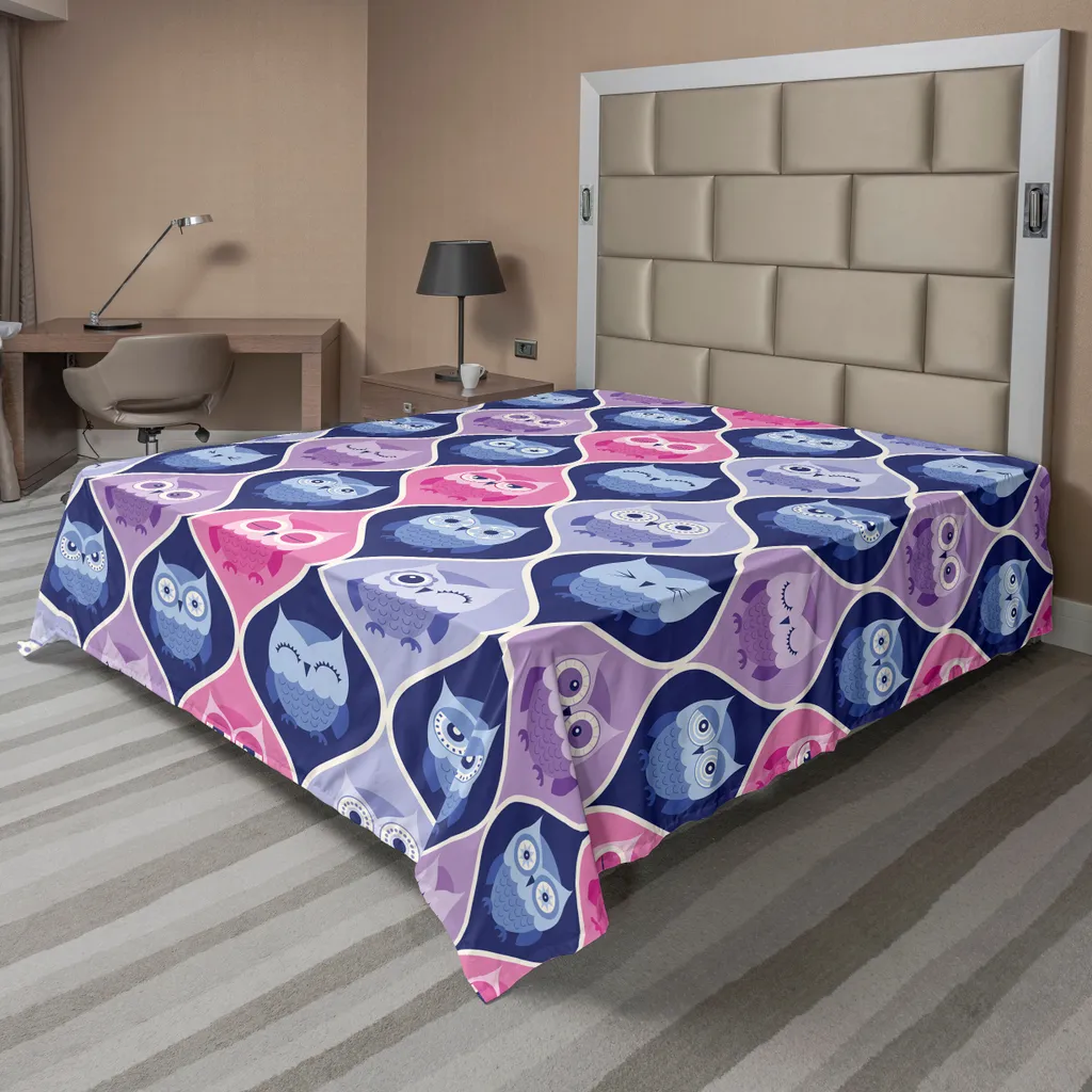 Drap de lit pour décoration de chambre hibou violet bleu 244 x 205 cm