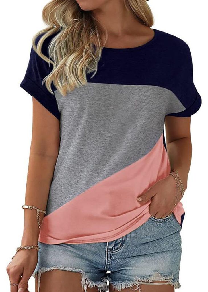 Damen Kurzarm-Top mit Farbblock-Design, lässiges Produktbild 