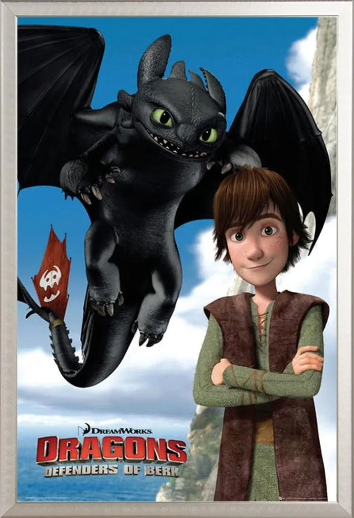 Poster Dragons Krokmou Defenders of Berk avec cadre alu argenté 61x91