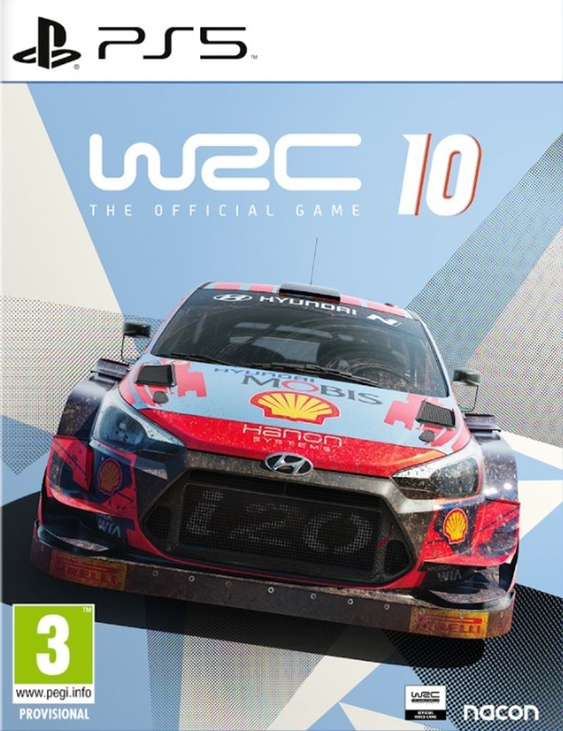 The image is a video game cover for WRC 10 on PS5, featuring a rally car.