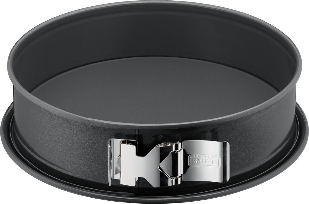 A round springform cake pan with a removable side and a clamp closure.