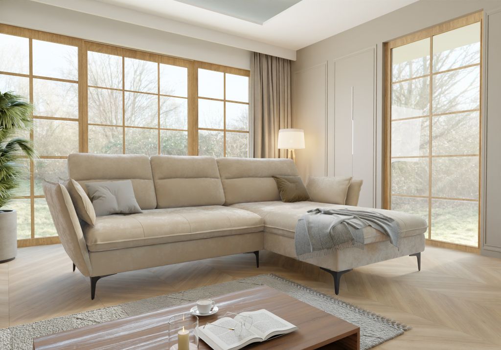 Ecksofa Egon mit Schlaffunktion und Bettkasten aus Beige Samt-Stoff mit hohen schwarzen Metallfüßen, B/T/H: 260 cm/ 168 cm / 91 cm, Ottomane rechts