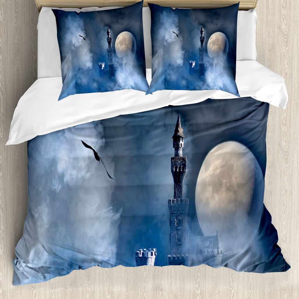 ABAKUHAUS Fantasie Bettbezug, Schloss auf Wolken Gothic, Milbensicher Allergiker geeignet mit Kissenbezügen, 155 cm x 220 cm - 80 x 80 cm, Dunkelblau