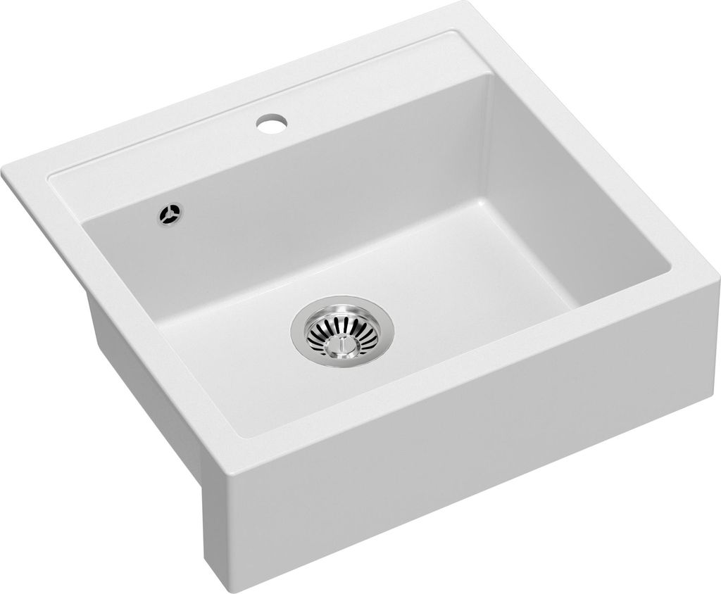 A white sink with a silver drain.