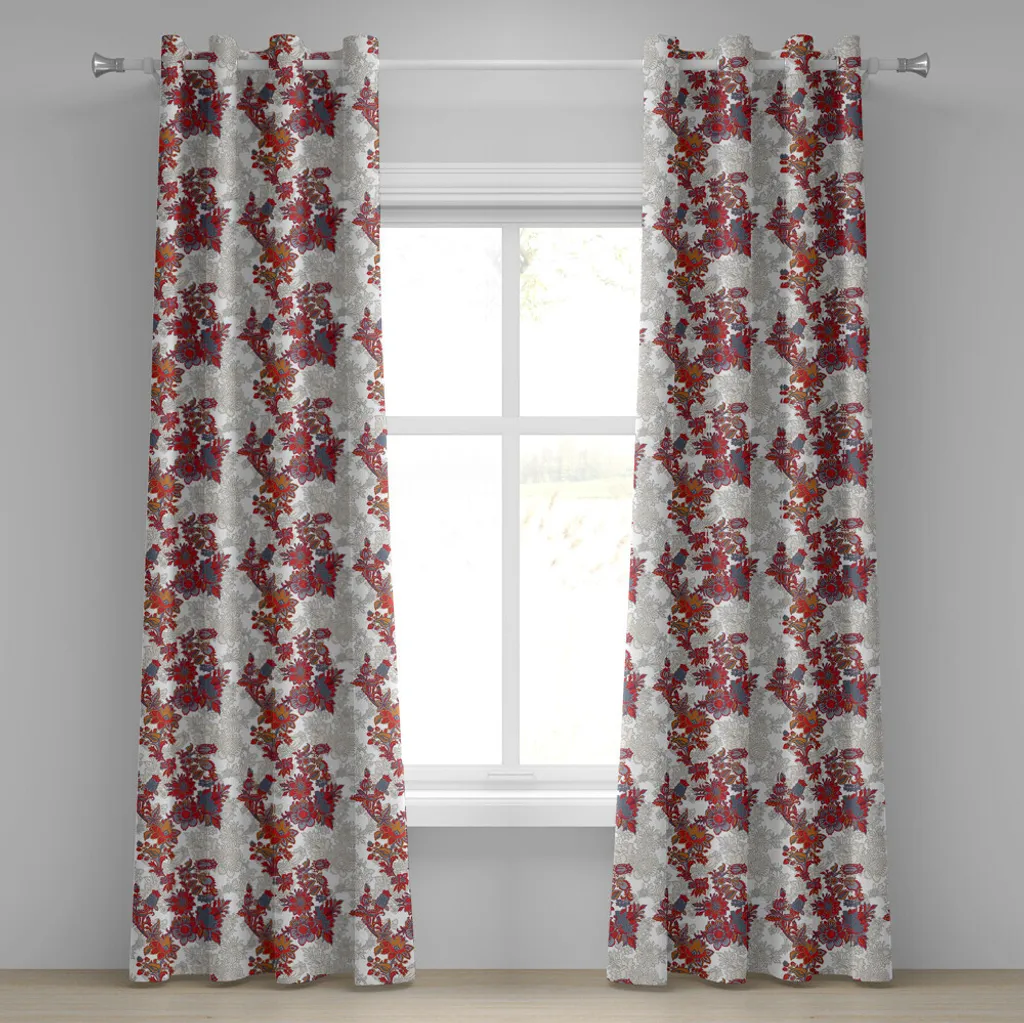 ABAKUHAUS Tenda con occhielli floreale, romantico stile boho, narcisi, magnolie magiche, rose, stampa con motivi vivaci, tende decorative a 2 pannelli, 280 cm x 225 cm, nero, grigio, rosso