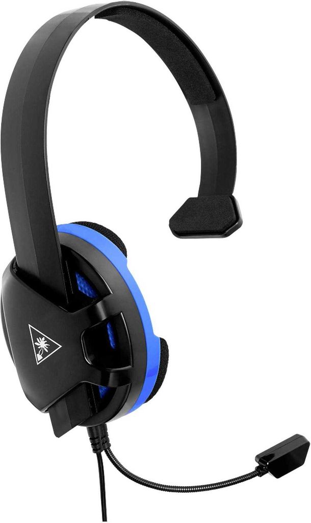 A black and blue gaming headset is shown against a white background.