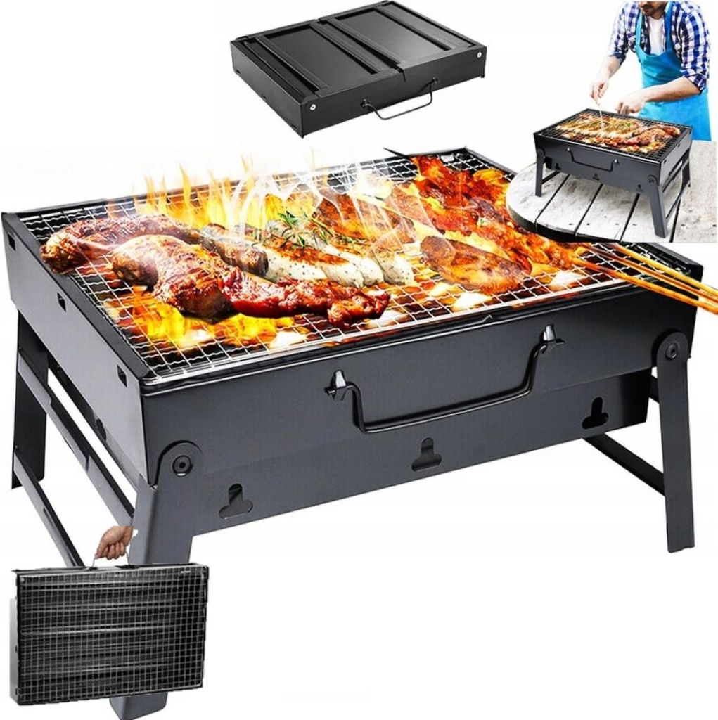 A portable charcoal grill with food cooking on it, and a person in the background using a smaller grill.