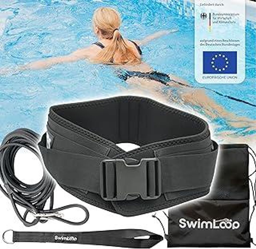Premium Schwimmgurt Schwimmtrainer mit 2 x 2 Meter elastischen Gummibändern - Zugseil - Schwimmseil für Pool wie Gegenstromanlage zum Einhängen ...