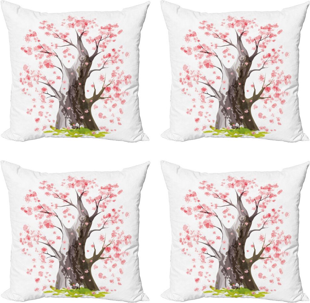 ABAKUHAUS Natur Kissenbezug Set (4 Stück), Blooming Sakura, Moderner Doppelseitiger Digitaldruck, 45 cm x 45 cm, Rosa-Schwarz-Grün