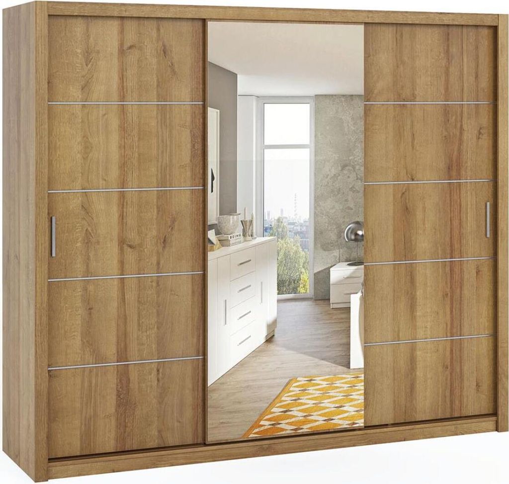 Schiebetürenschrank mit Kleiderstänge Bono zweitürig Kleiderschrank mit geräumigen Regalen, Breite: 250 cm, Farbe: Eiche Gold, mit Spiegel