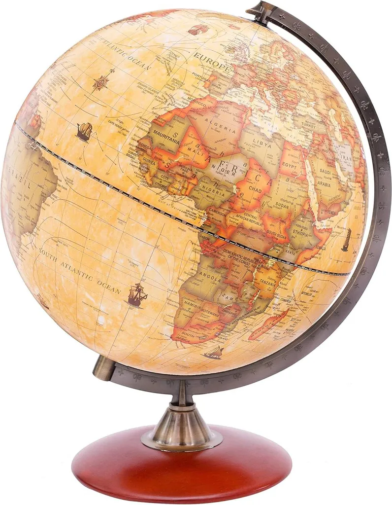 Globe Antique Rotatif 30cm Design Vintage avec Support Bois Noble