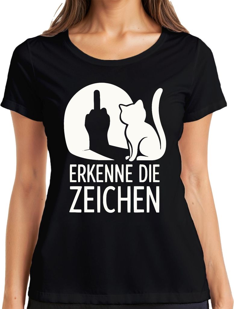 Erkenne die Zeichen Katze Mittelfinger Humor Geschenk Katzen Damen T-Shirt, Schwarz, S