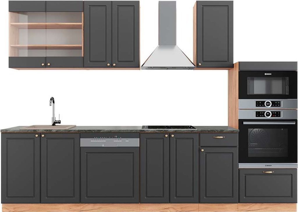 Küchenzeile Vicco Fame-Line Anthrazit Landhaus/Goldkraft Eiche 300 cm mit Hochschrank, AP Anthrazit, Model 42435