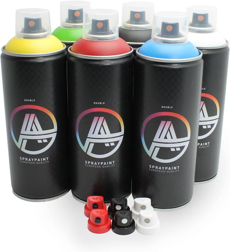 Double A Spraypaint Sprühdosen Grundfarben Set 6 Spraydosen 400ml matt inkl. Sprühaufsätze