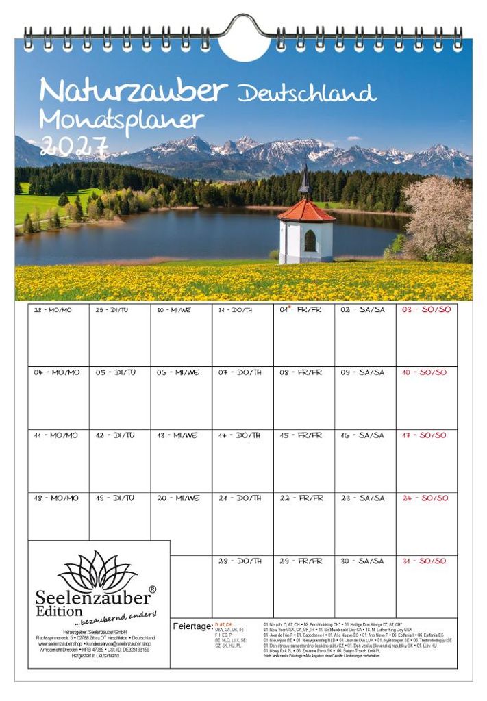 Naturzauber Deutschland Planer DIN A4 Kalender für 2027 Natur Landschaft - Geschenkset Inhalt: 1x Kalender, 1x Weihnachtsanhänger (insgesamt 2 Te...