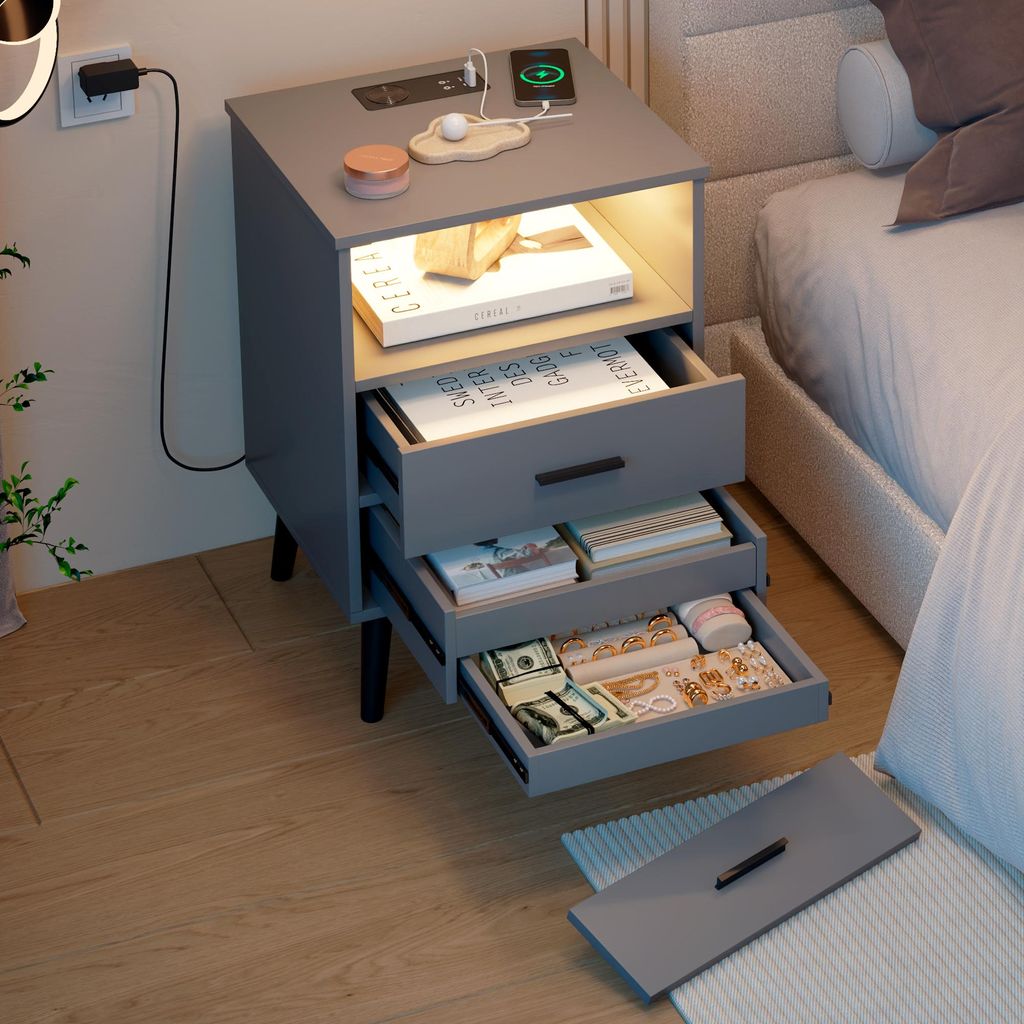 LVSOMT Nachttisch mit Geheimfach und LED, Drahtloses Laden, USB, Type-C(1-St., mit zwei Schubladen und einer versteckten Schublade), 40T x 45B x 65...