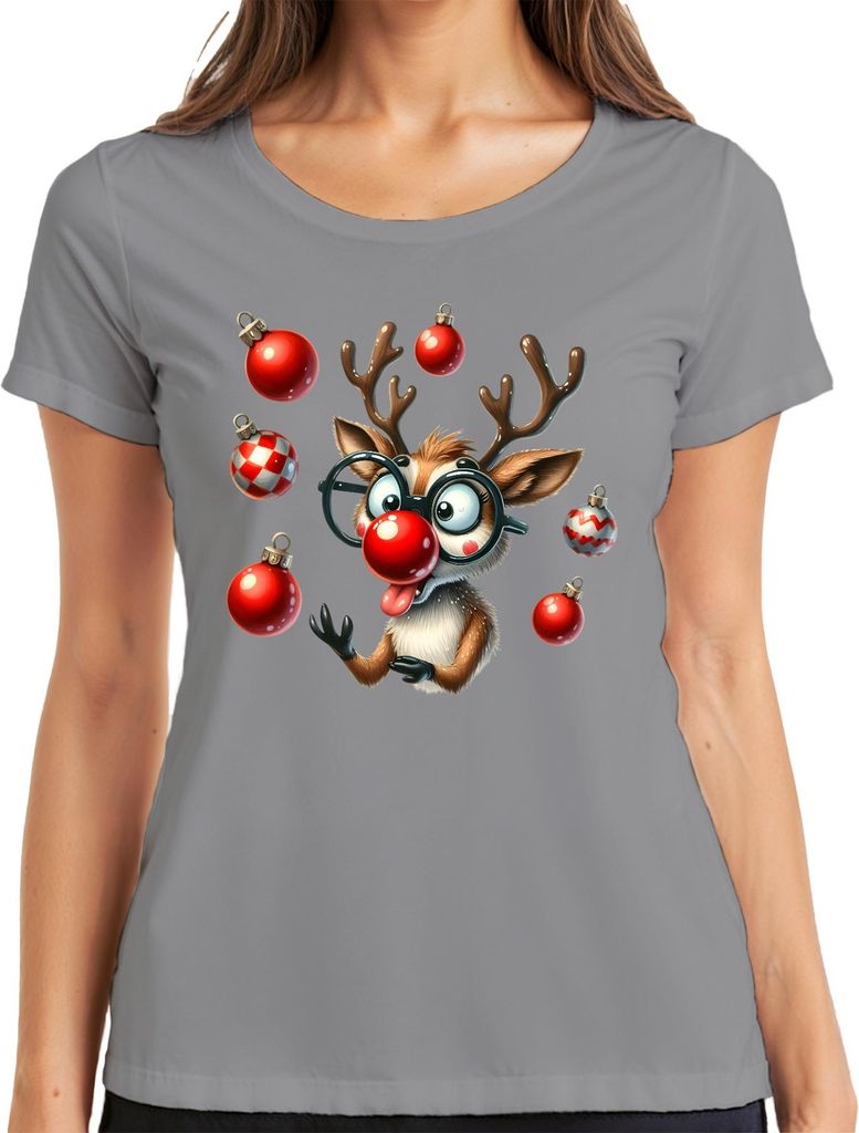 Rudolph Rentier rote Nase Brille Weihnachtskugeln lustig Geschenk Damen T-Shirt, Grau, XL