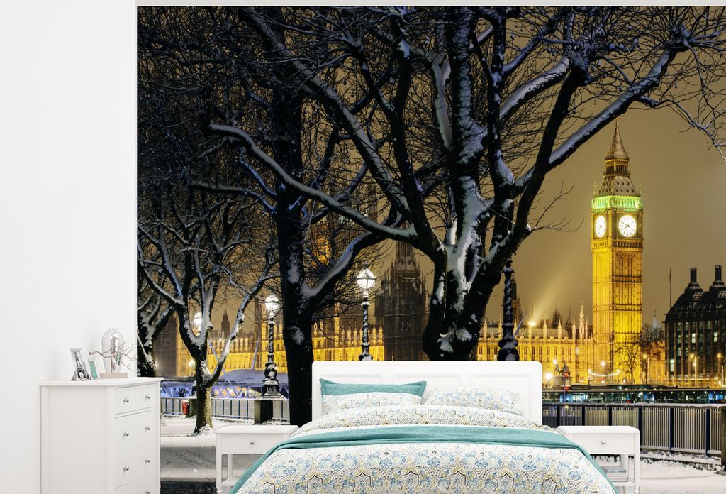 MuchoWow Fototapete für Wohnzimmer oder Schlafzimmer Wandtapete Vinyl Motivtapete Winter - Big Ben - London - 300x240 cm - Fototapeten