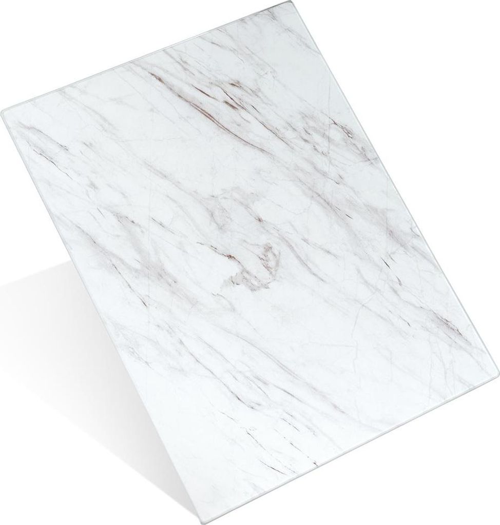A white glass cutting board with marble-like veining, shown at an angle on a white background.