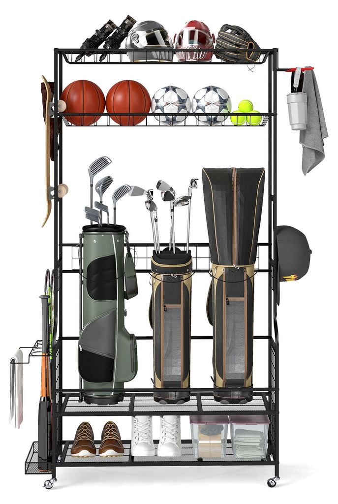 COSTWAY 3 Golf Taschen Aufbewahrung Garage Organizer, Mobiler Sportgeräte Organizer mit Rollen, 4 Haken & Schläger Display Regal, Golf Zubehörst...