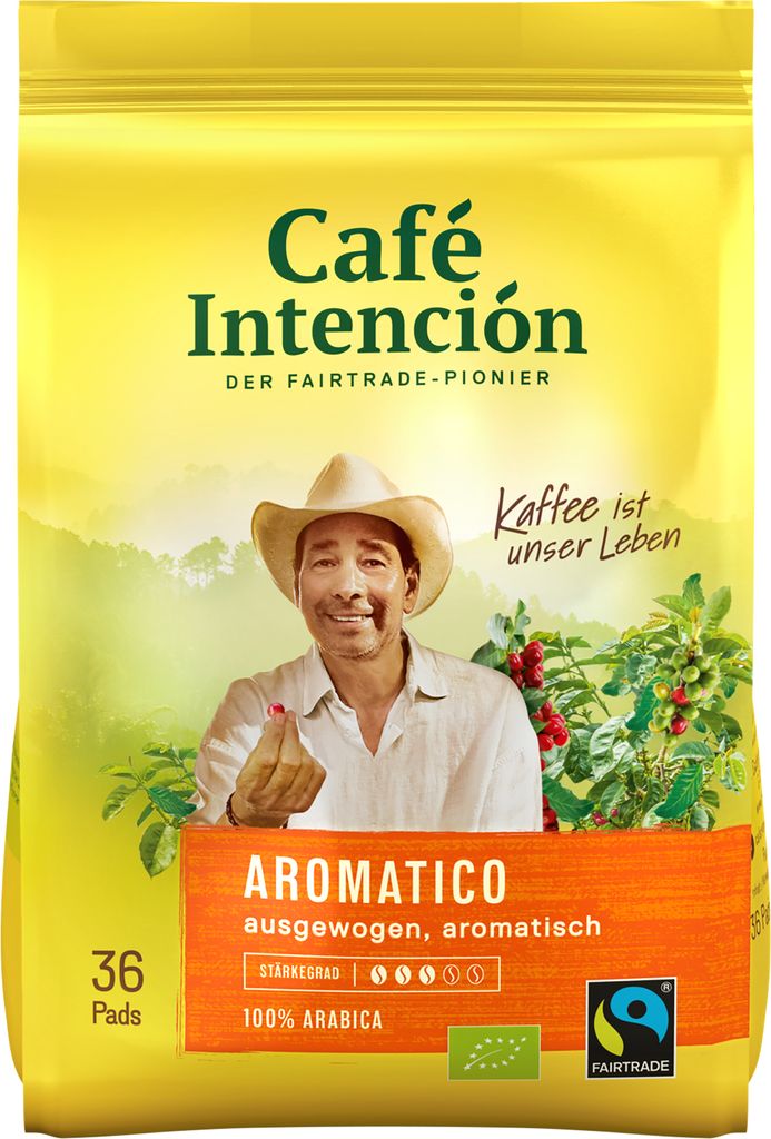 A bag of coffee pads with a man in a cowboy hat on it.