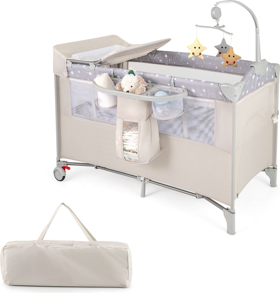 COSTWAY 5 in 1 Beistellbett klappbar, Reisebett mit Matratze, 2 Ebene Babybett für Baby bis 3 Jahren (Beige)