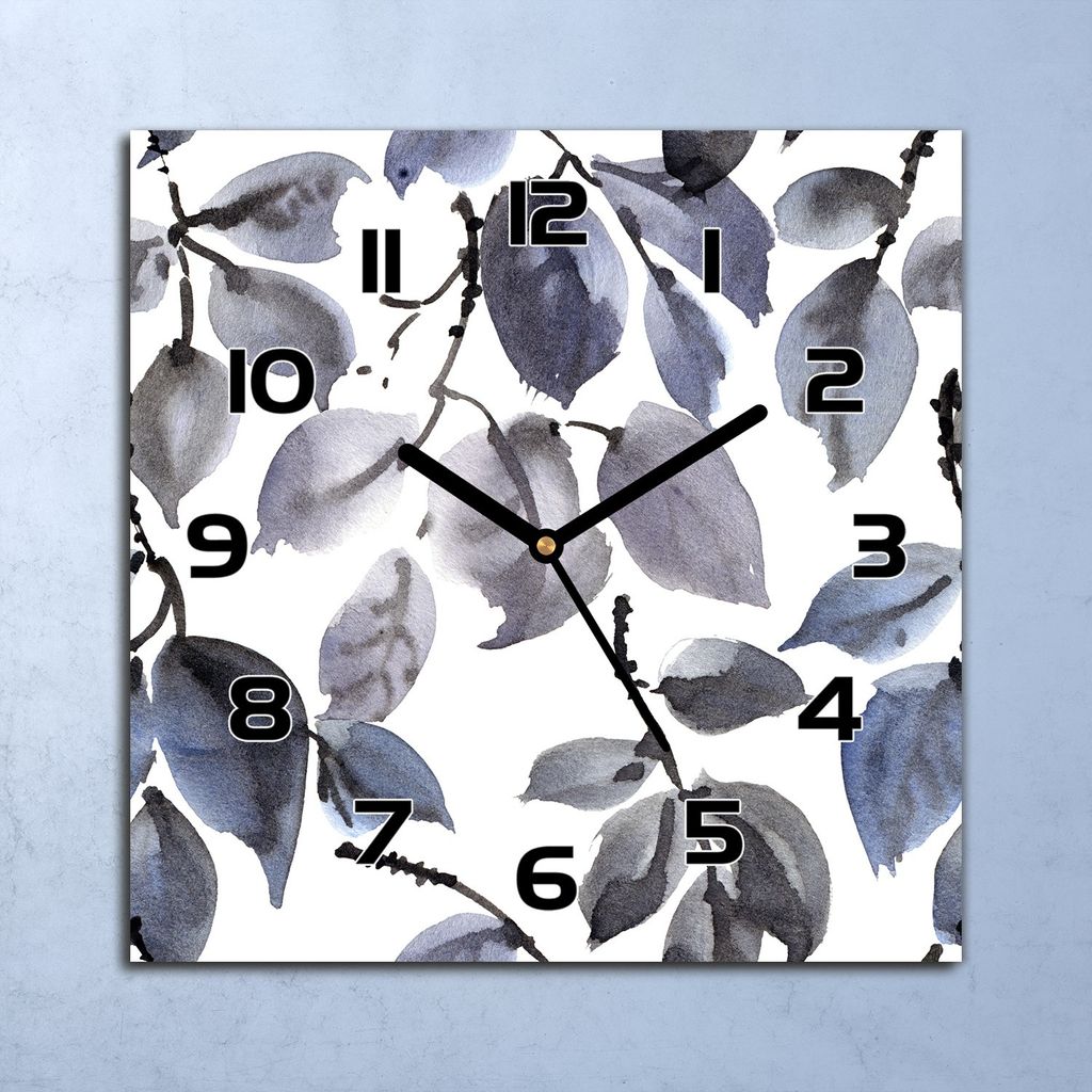 Wanduhr Echt-Glas-Küchenuhr Dunkle Blätter graue Quarz 30x30 Deko Bilder