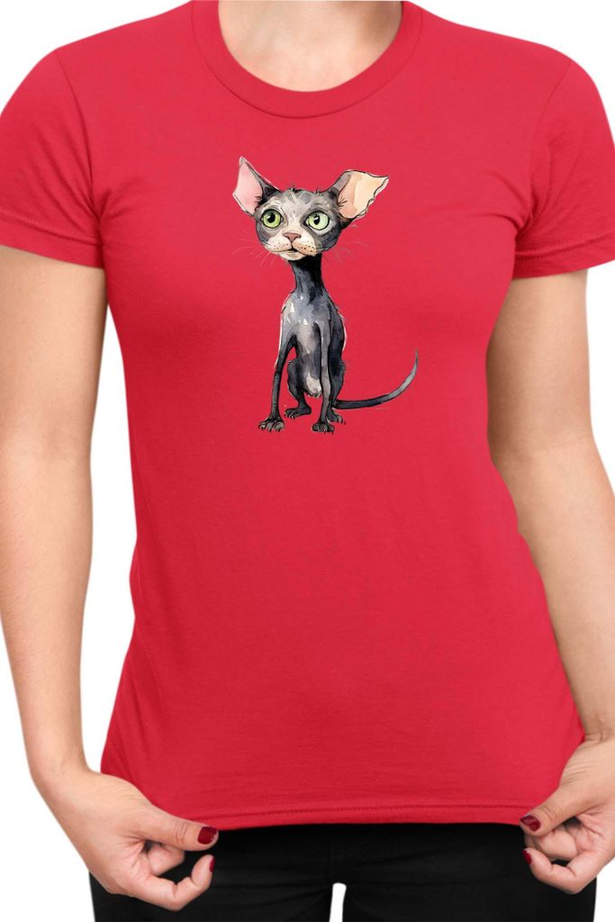 Damen T-Shirt Funny Cats Breeds Bambino Cat 011, Lady 2XL / Rot