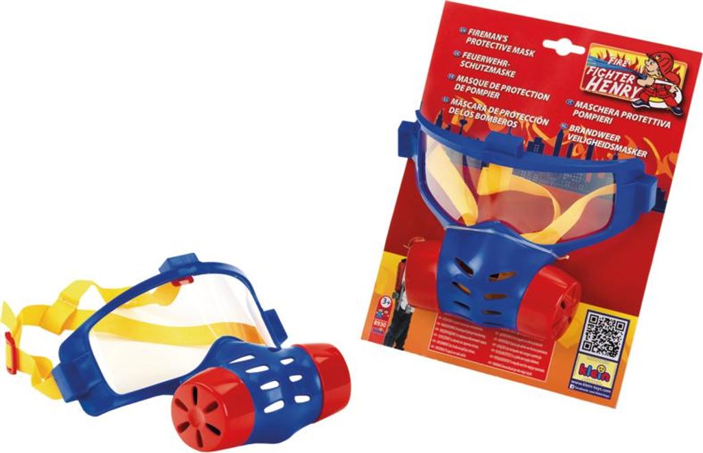 A toy firefighter mask is shown, both in its packaging and separately.