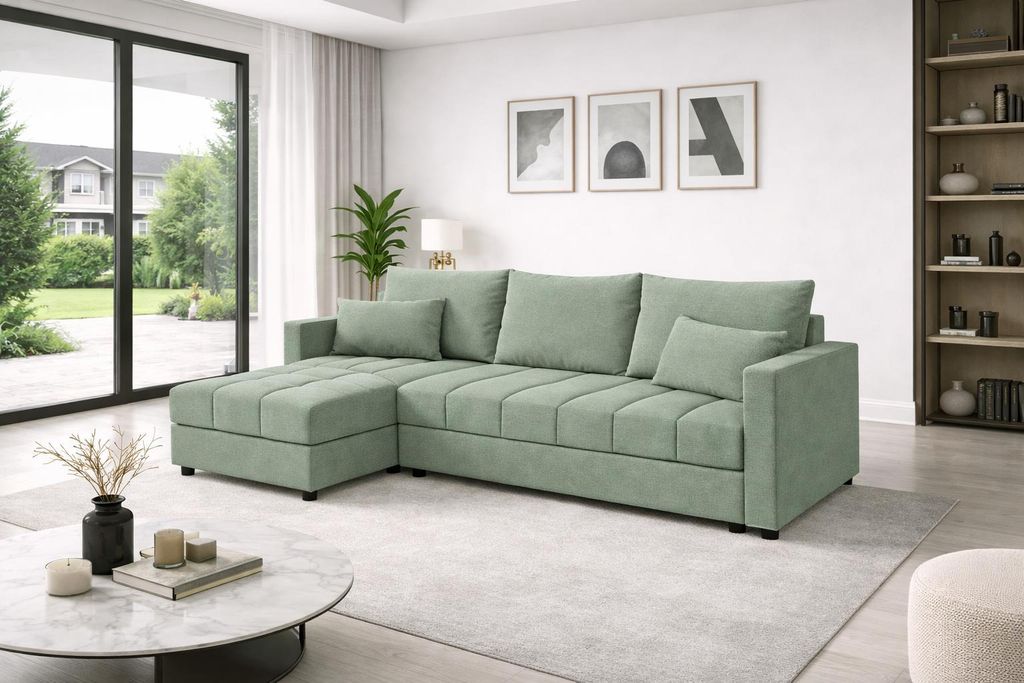 Aurelia L Wohnlandschaft Couchgarnitur Ecksofa in L-Form mit Schlaffunktion, Bettkasten und Kissen