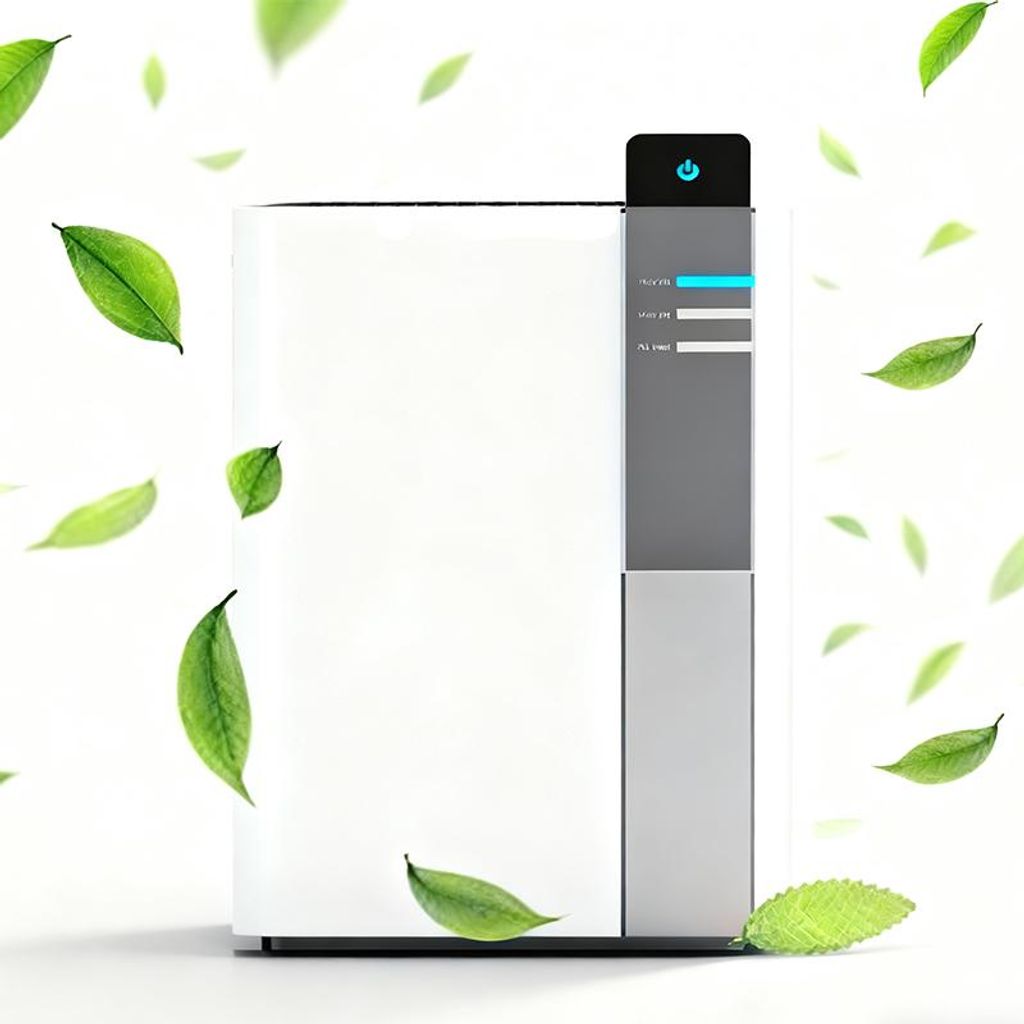 A white air purifier with a grey control panel surrounded by floating green leaves.